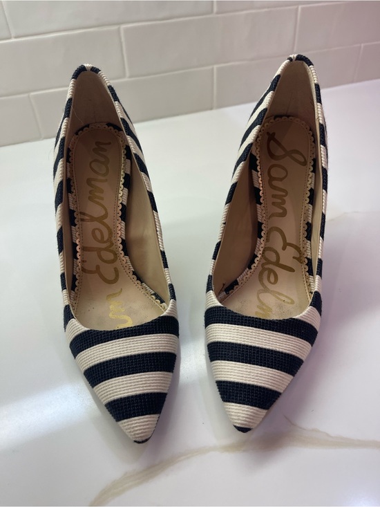 Sam Edelman Shoes - Sam Edelman Black and White Striped Pointed-Toe Pumps
